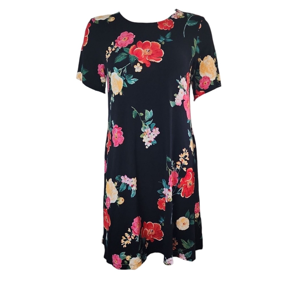 Old Navy Dress Womens Size M Medium Black Floral‎ Pullover Stretch Short Sleeve